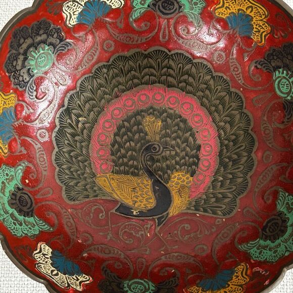 Vintage Solid Brass Bowl Enameled Peacock Colorful Footed Made in India Scallop - Picture 3 of 7